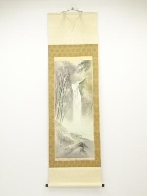 江秋筆　彩色山水　肉筆絹本掛軸（共箱）